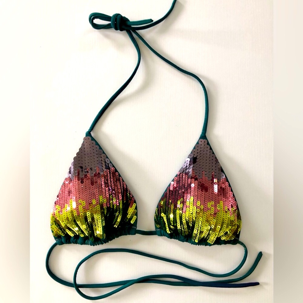 Victoria's Secret Sequin bikini top Adjustable slide triangle style multicolor L
